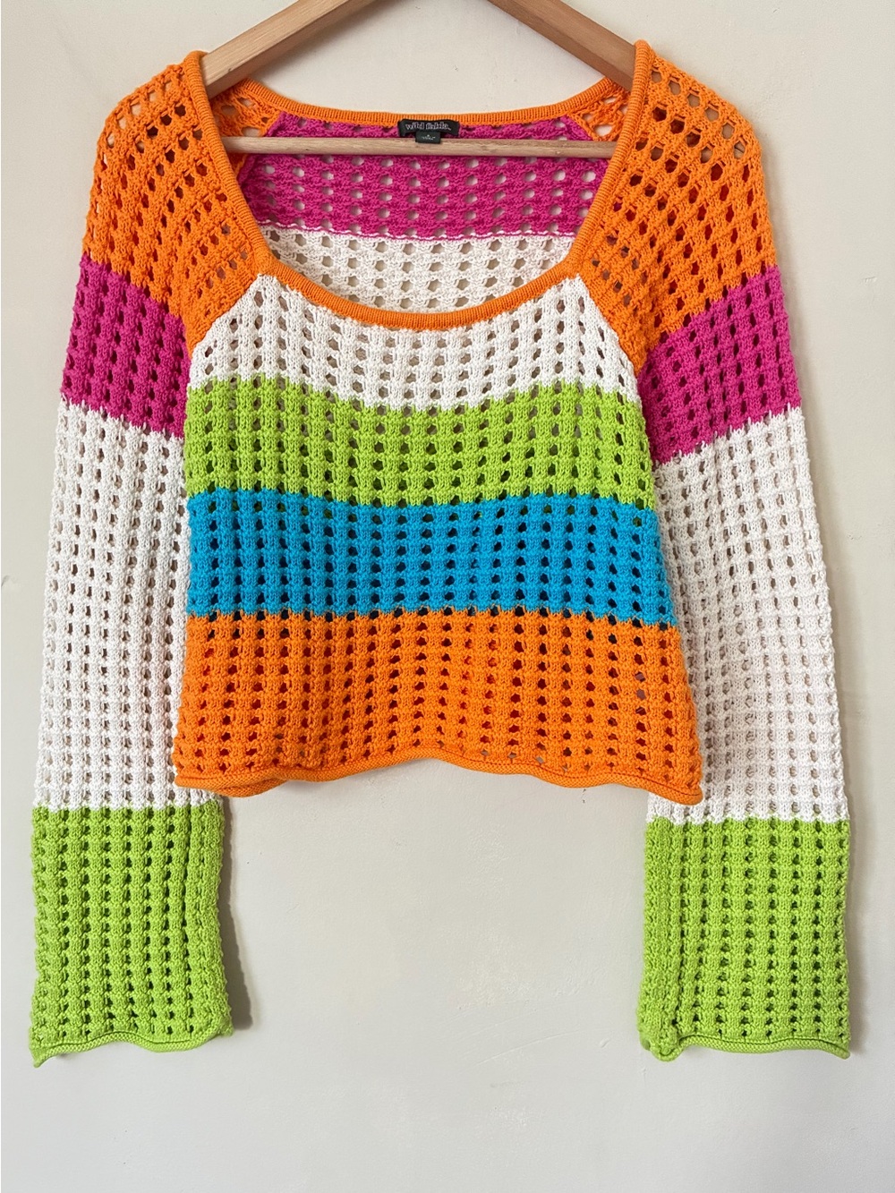 Wild Fable Rainbow Stripe Retro Cotton Crochet Knit Sweater Long Sleeve Top S
